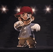 mario is singing into a microphone on a stage .