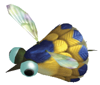 a cartoon drawing of a yellow and blue fly with big eyes