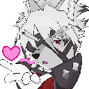 a pixel art drawing of a wolf with a pink heart in his hand .