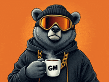 a bear wearing a beanie and goggles is holding a cup of coffee that says gm