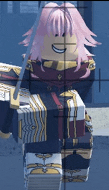 a cartoon character with pink hair and a sword is smiling .