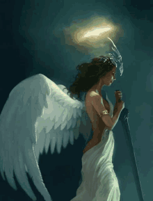 a woman with angel wings is holding a sword in her right hand