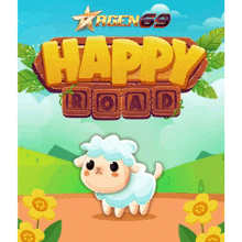 a cartoon illustration of a sheep with the words happy road above it