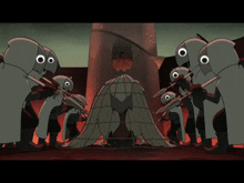 a group of cartoon characters with big eyes are standing around a cage