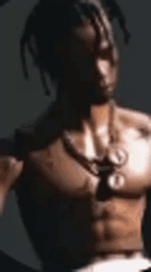 a shirtless man with dreadlocks and a necklace around his neck .