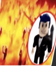 a picture of a man in a tuxedo holding a gun in front of flames