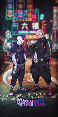 a poster for dragon ball shows two characters standing next to each other on a street