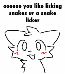 a drawing of a cat with red eyes that says `` you like licking snakes ur a snake licker ''