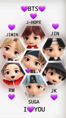 a group of cartoon characters with purple hearts and the words `` bts ''