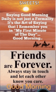 a good morning message with a picture of a desert and a quote about friends