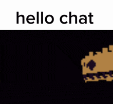 a pixel art drawing of a skull with the words `` hello chat '' written above it .