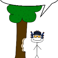 a stick figure wearing sunglasses stands next to a tree with a speech bubble