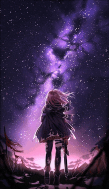 a girl holding a sword stands in front of a purple starry sky