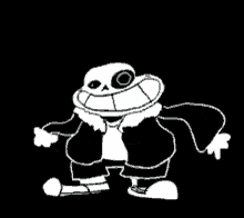 a black and white drawing of sans from undertale is dancing and smiling .