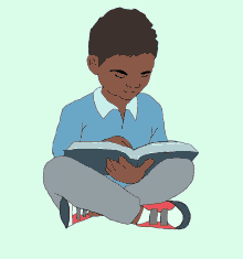 a cartoon drawing of a boy sitting on the floor reading a book