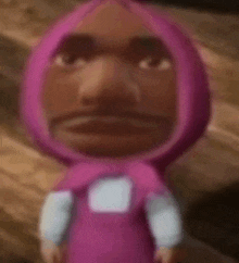 a close up of a cartoon character wearing a pink hijab and a pink dress .