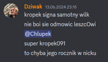 a screenshot of a conversation between dwieak and kropek