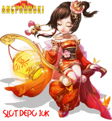 a girl in a red dress is holding a yellow lantern and the words slot depo 10k are below her