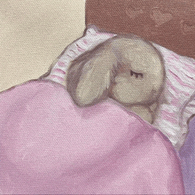 a painting of a stuffed rabbit sleeping on a bed