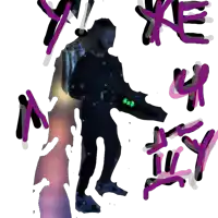 a drawing of a man holding a gun with purple letters y and e around him