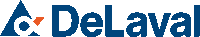 a blue and white logo for delaval with an orange arrow