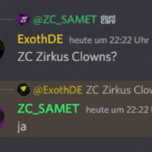 a screenshot of a discord conversation between zc samet and exothde