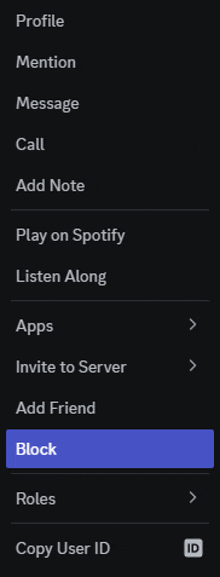 a screenshot of a spotify app with a block option