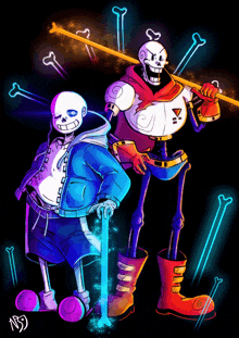 a drawing of two skeletons with the letters ns on the bottom