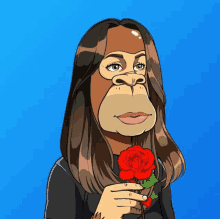 a cartoon drawing of a woman with a gorilla face holding a red rose