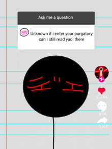 a drawing of a black circle with a red face and the words ask me a question on top