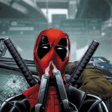 a comic book character named deadpool is smoking a cigarette and holding two guns