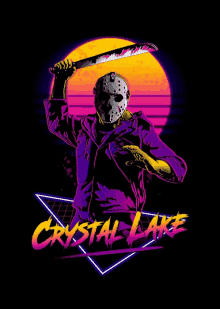 a poster of jason voorhees from friday the 13th holding a knife