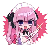 a drawing of a girl with pink hair holding a knife with hearts on it