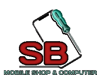 a logo for sb mobile shop & computer with a screwdriver