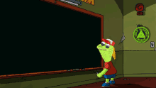 a cartoon character is standing in front of a blackboard with a sign on the wall that says pizza