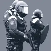 two police officers are standing next to each other with shields and guns