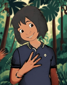 a cartoon drawing of a girl in a blue shirt with the letter e on it