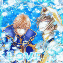 a couple of anime characters standing next to each other with a picmix watermark on the bottom right