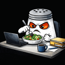 a salt shaker with an angry face is eating a salad with a fork
