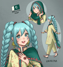 a drawing of a girl with blue hair and the name pakistani miku