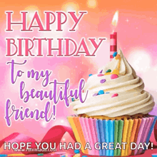 a birthday card with a cupcake and the words `` happy birthday to my beautiful friend hope you had a great day ! ''