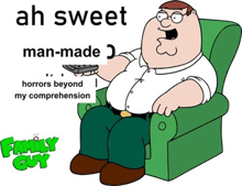 peter griffin from the family guy sits in a chair holding a remote