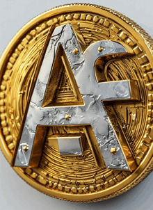a gold coin with a silver letter a in the center