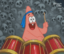 patrick star from spongebob is playing drums in front of a wall of skulls