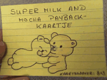 a person is holding a sticky note that says super milk and mocha payback kaartje