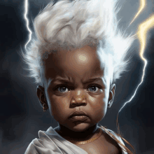 a baby with white hair and a lightning bolt in the background