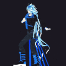 a drawing of a person with blue hair standing on a black background