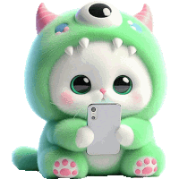 a stuffed animal wearing a green monster costume holds a cell phone