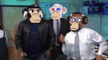 a man in a suit and tie is standing next to two monkeys in 3d glasses