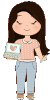 a cartoon girl is holding a laptop with a heart on it